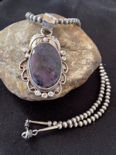 Native American Men's Necklace | Sterling Silver Navajo Pearls with Sugilite Pendant | 1523 - Masha USA