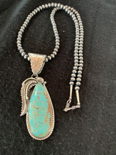 Men's Turquoise #8 Pendant | Navajo Pearls Sterling Silver Necklace | Authentic Native American Handmade | 4312