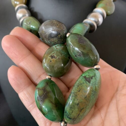 Navajo Chunky Spiderweb Green Turquoise Necklace | Sterling Silver | 20" | Authentic Native American Handmade | 11763 - Masha USA