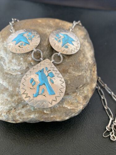 Vintage Zuni Blue Turquoise Necklace Pendant | Sterling Silver | Old Pawn | Native American Handmade | 19" | 1715