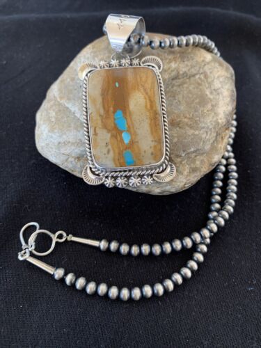 Men's Navajo Pearls Necklace with Boulder Turquoise Pendant | Sterling Silver | Authentic Native American Handmade | 293