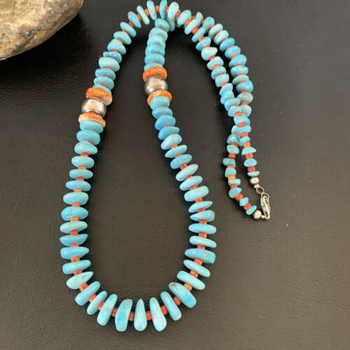 Navajo Natural Turquoise & Spiny Oyster Necklace | Sterling Silver | Authentic Native American | 29" | 13234