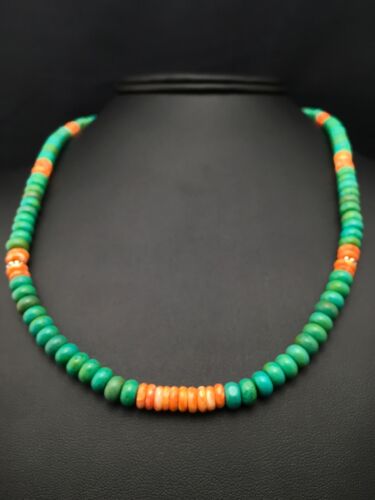 Navajo Green Turquoise & Spiny Oyster Necklace | Sterling Silver | 19" | Authentic Native American Handmade | 4488