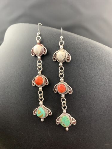 Navajo Spiny, Turquoise & Howlite Dangle Earrings | Sterling Silver | Authentic Native American Handmade | 01616