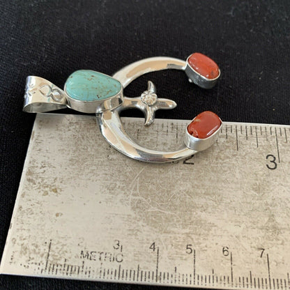 Navajo Pearls Necklace with Royston Turquoise & Coral Naja Pendant | Sterling Silver | 01428