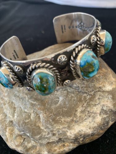 Navajo Green Sonoran Gold Turquoise Cuff Bracelet | Sterling Silver | 5 Stone | Authentic Native American Handmade | 864