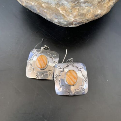 Navajo Sterling Silver Earrings with Gold Orange Spiny Oyster | Authentic Native American Handmade | Set2076