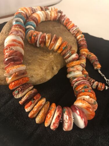 Handmade Turquoise & Spiny Oyster Necklace | Navajo Sterling Silver | Authentic Native American | 32"