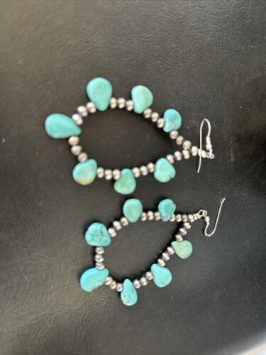 Navajo Blue Cluster Turquoise Bead Earrings | Sterling Silver | Authentic Native American Handmade | 14305
