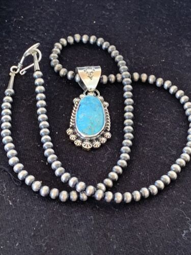 Men's Navajo Pearls Necklace with Blue Kingman Turquoise Pendant | Sterling Silver | Authentic Native American Handmade | 839