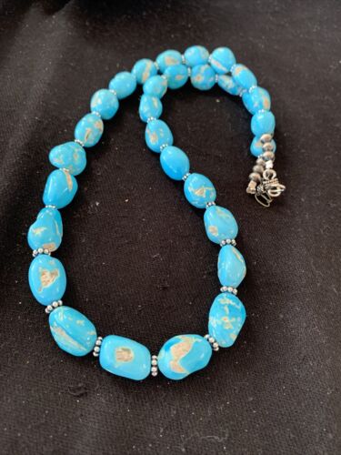Navajo Sleeping Beauty Turquoise Beads Necklace | Sterling Silver Pearls | Authentic Native American Handmade | 00800