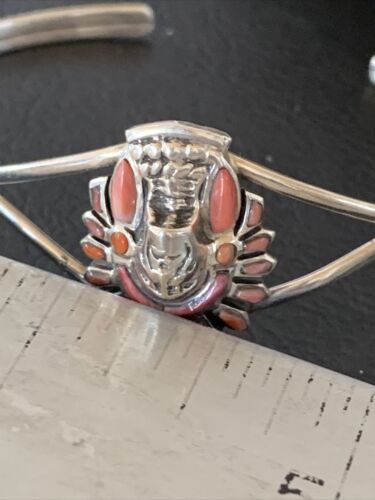 Native American Indian Head Coral Cuff Bracelet | Sterling Silver | Authentic Handmade | 1691 - Masha USA