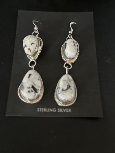 Navajo White Buffalo Turquoise Dangle Earrings | Sterling Silver | 2" | Authentic Native American Handmade | 14714