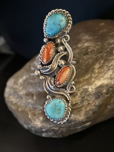 Navajo Turquoise Spiny Oyster Multi-Stone Ring | Authentic Native American Sterling Silver | Sz 8 | 14496