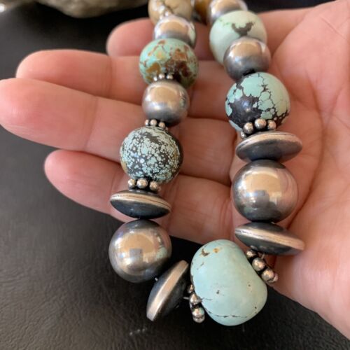 Navajo Pearl Dry Creek Turquoise Beads Necklace | Sterling Silver | 21" | Authentic Native American Handmade | 10980