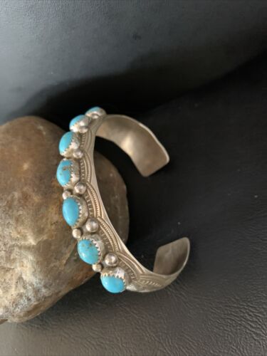 Men's Blue Kingman Turquoise Cuff Bracelet | Sterling Silver | 7 Stone | Authentic Native American Handmade | 14137