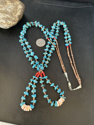 Santo Domingo Shell Turquoise Bead Pendant Jacla Necklace | 2 Strand | Pearls | Native American Handmade | 14633