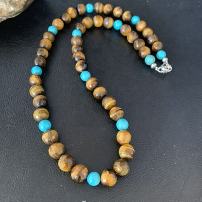Navajo | Sterling Silver Necklace | Brown Tiger's Eye & Blue Turquoise | 20" | Authentic Native American Handmade | 13895