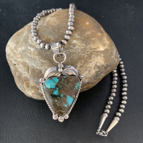 Navajo Spiderweb Turquoise Pendant Necklace | Sterling Silver | 2.25" | Authentic Native American Handmade | 14062