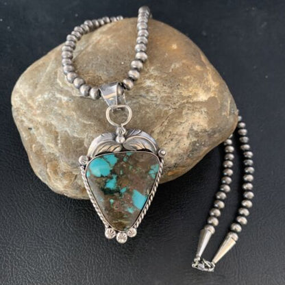 Navajo Spiderweb Turquoise Pendant Necklace | Sterling Silver | 2.25" | Authentic Native American Handmade | 14062