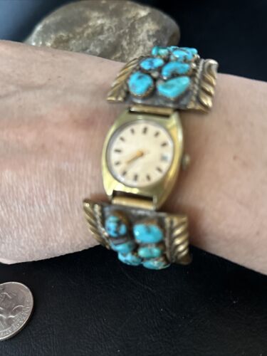 Authentic Native American Navajo Blue Kingman Turquoise Watch Tips | Sterling Silver | Old Pawn Jewelry | 14267