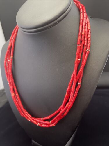 Native American Red Stabilized Coral Tubes Necklace | Sterling Silver | 18" | 1749