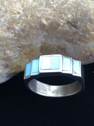 Navajo Blue Kingman Turquoise Inlay Ring | Sterling Silver | Sz 10 | Authentic Native American Handmade | 01594