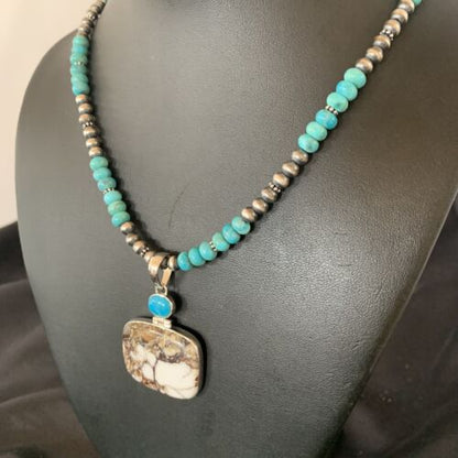 Navajo Pearl Blue Turquoise, Wild Horse & Multi-Stone Pendant Necklace | Authentic Native American Sterling Silver | 11862