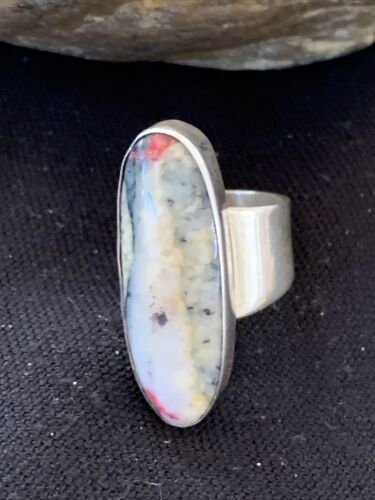 Southwestern Navajo Cinnabrite Ring | White Black | Sterling Silver | Sz 7.5 | 1558