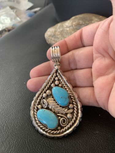 Southwestern Blue Turquoise Cluster Pendant | Authentic Men's Sterling Silver | Multi-Stone | 3" | 02104