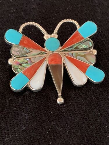Zuni Butterfly Pin Pendant | Turquoise & Mother of Pearl | Sterling Silver | Authentic Native American Handmade | 4695 - Masha USA