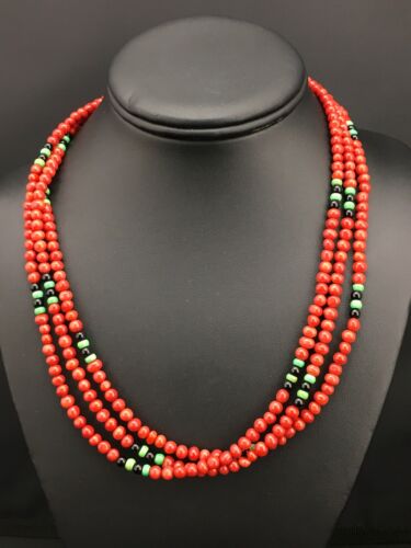 Native American Coral & Turquoise 3 Strand Necklace | Navajo Sterling Silver | 19" | 4856