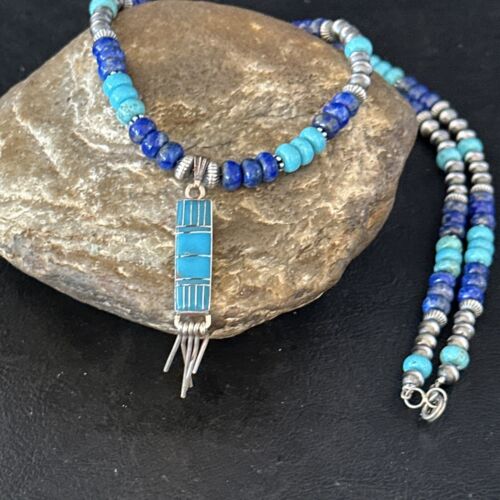 Navajo Blue Turquoise Lapis Necklace Inlay Pendant | Sterling Silver | Authentic Native American Handmade | 14637