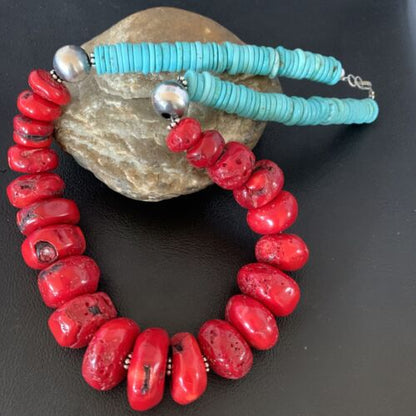Navajo Red Coral & Turquoise Bead Necklace | Sterling Silver | Authentic Native American | 21" | 13163