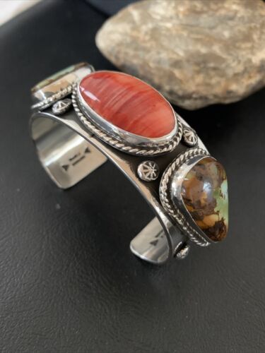 Navajo Green Royston Turquoise Spiny Oyster Cuff Bracelet | Sterling Silver | Authentic Native American Handmade | 1379