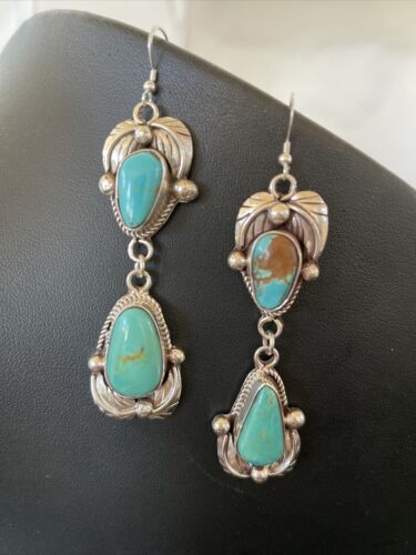 Navajo Royston Turquoise Dangle Earrings | Sterling Silver | Authentic Native American Handmade | 1166