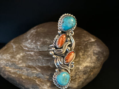Navajo Turquoise Spiny Oyster Multi-Stone Ring | Authentic Native American Sterling Silver | Sz 8 | 14496
