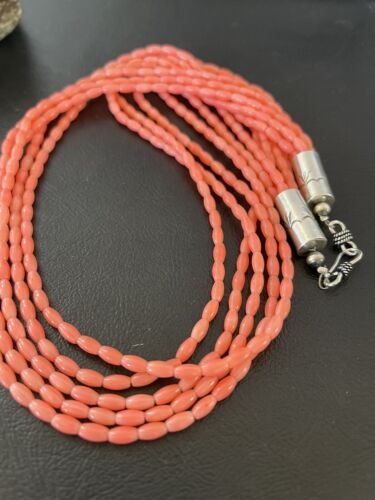 Navajo Pink Coral 5-Strand Necklace | Sterling Silver Barrel Beads | 22" | Authentic Native American | 10436