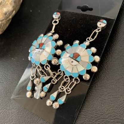 Zuni Sun Face Kingman Turquoise White Mother of Pearl Dangle Earrings | Sterling Silver | 12125