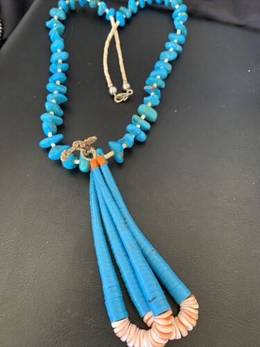 Santo Domingo Spiny Oyster Blue Turquoise Shell Jacla Necklace | 24" | Authentic Native American Handmade | 12513