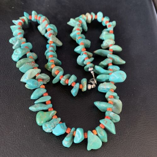 Navajo Green Turquoise & Spiny Oyster Graduated Necklace | Sterling Silver | Authentic Native American | 21" | 14009
