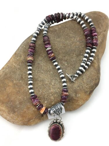 Navajo Purple Spiny Oyster Bead Necklace | Sterling Silver | Authentic Native American Handmade | 4583