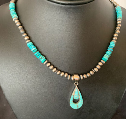 Navajo Pearl Necklace with Blue Turquoise Inlay Pendant | Sterling Silver | Authentic Native American Handmade | 12501