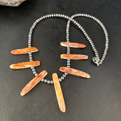 Navajo Orange Spiny Oyster Stick Bead Necklace | Sterling Silver | 20" | Authentic Native American Handmade | 14320