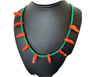 Navajo Turquoise Coral Chili Pepper Necklace | 20" | Sterling Silver Beads | Southwestern | 00828