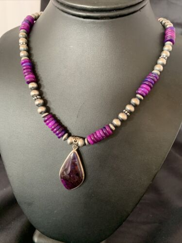 Navajo Purple Sugilite Pendant Necklace | Sterling Silver Pearls | Authentic Native American Handmade | 10330