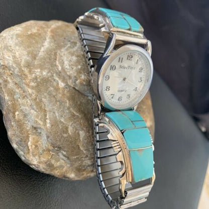 Navajo Men's Watch Tips | Sterling Silver & Turquoise Inlay | Authentic Native American Jewelry | 2094