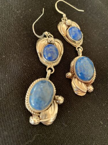 Native American Navajo Denim Lapis Dangle Earrings | Sterling Silver | 2" | 1679