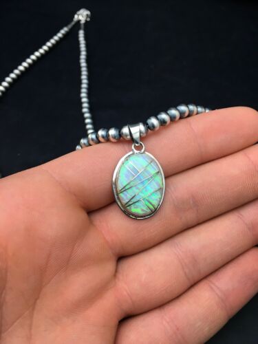 Navajo Pearls Opal Inlay Pendant | Sterling Silver Necklace | Authentic Native American Handmade | 4400