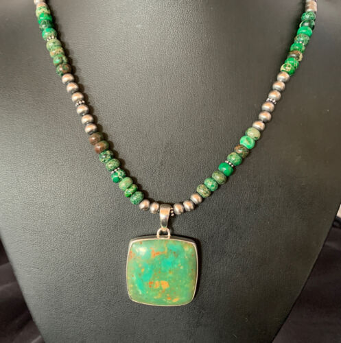 Women's Green Turquoise Pendant Necklace | Navajo Pearls Sterling Bead | Authentic Native American Handmade | 13306